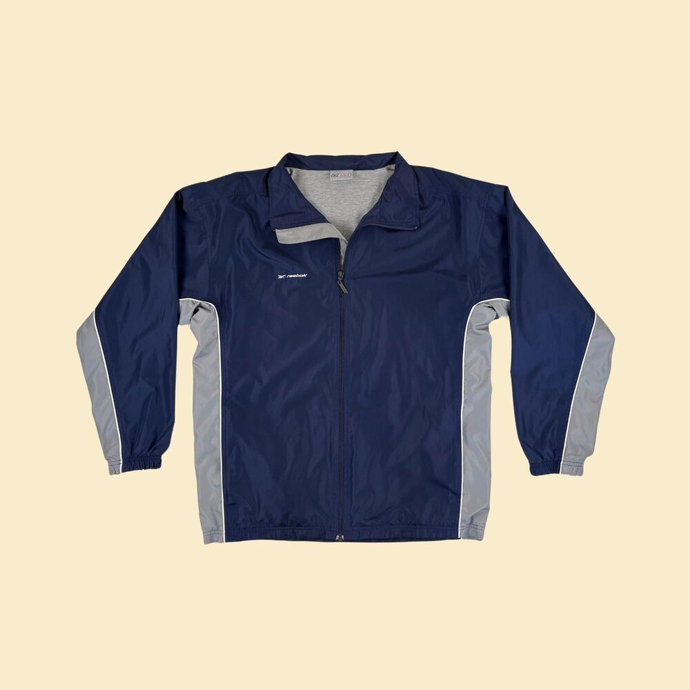 Y2K Reebok windbreaker jacket, vintage mens size XL to XXL blue & grey jacket